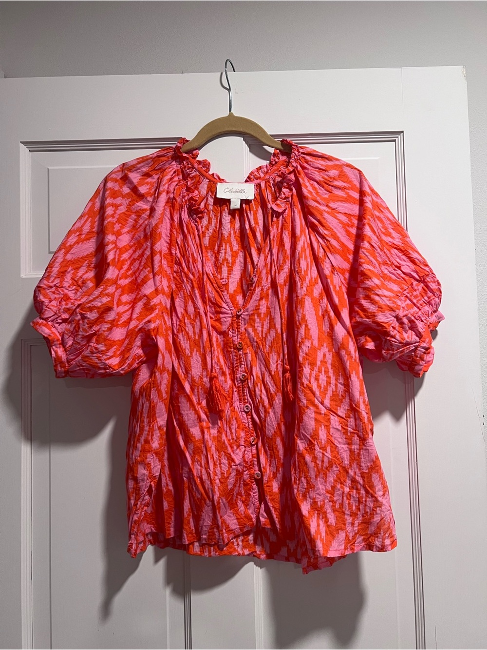 Cleobella Pink & Orange Ikat Button-Front Puff Sleeve Blouse
